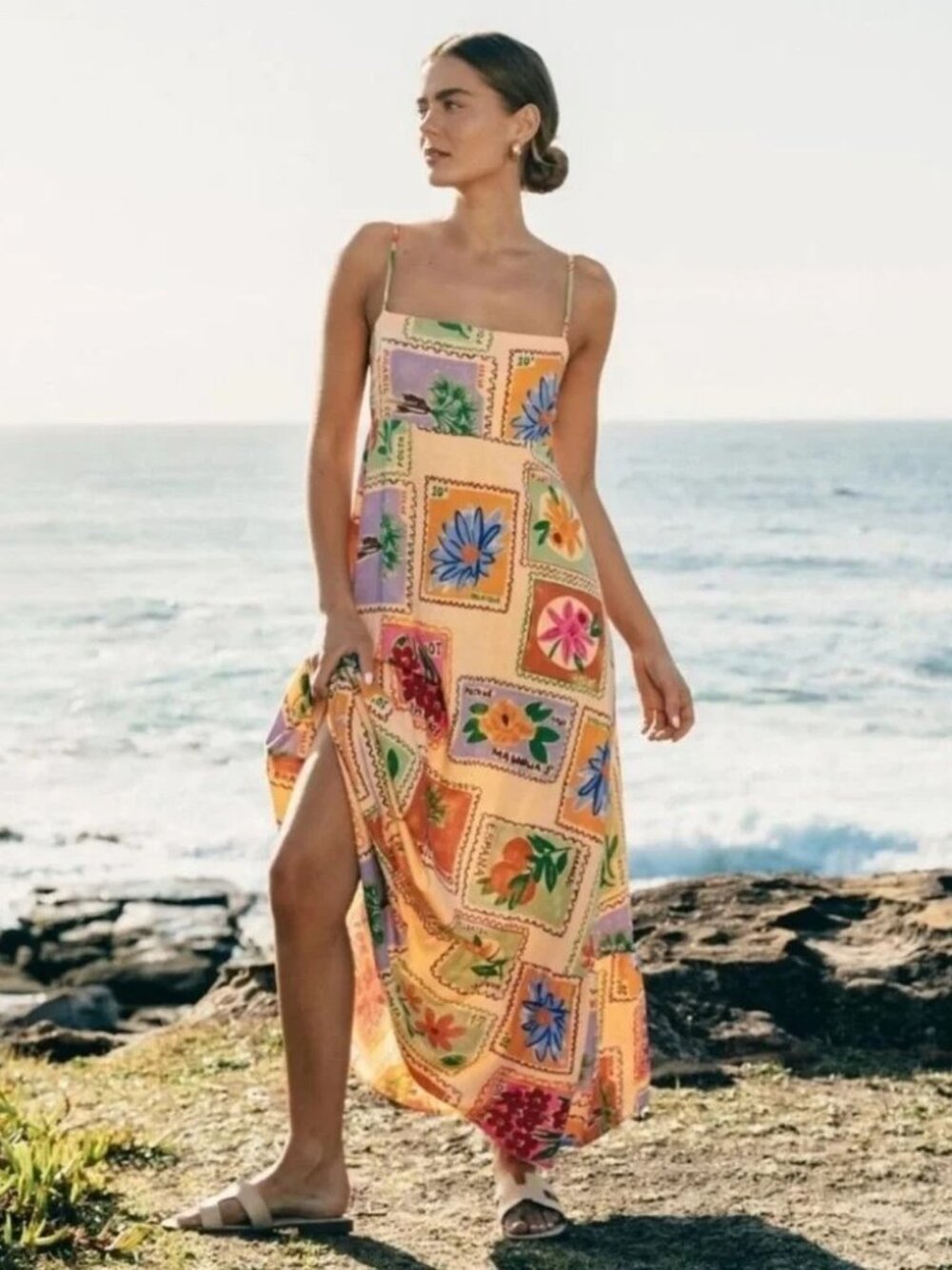 Kindred Floral Postcard Stamp Print Linen Blend Maxi Dress Size XL NWT